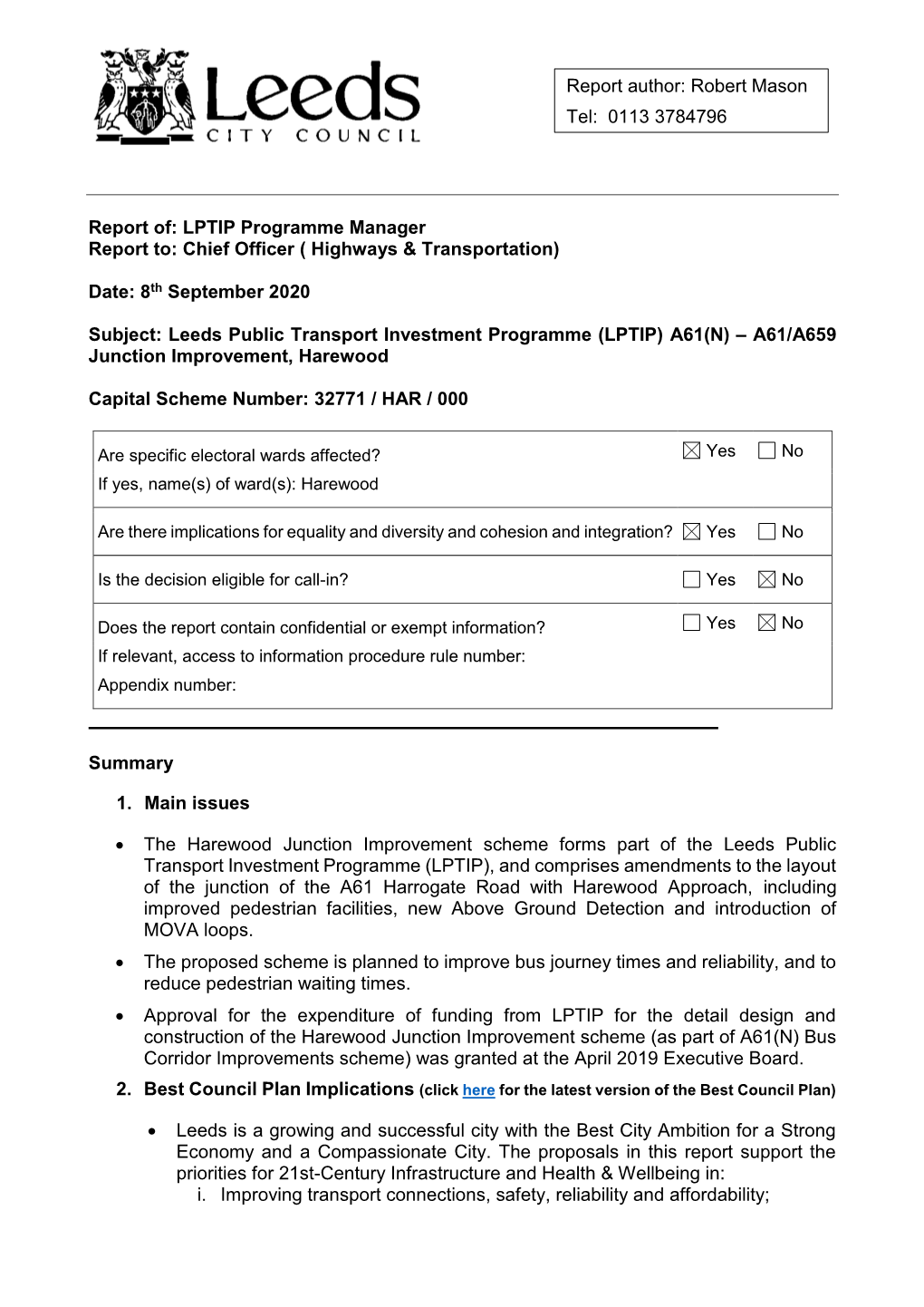 LPTIP Programme Manager Report To: Chief Officer ( Highways & Transportation)