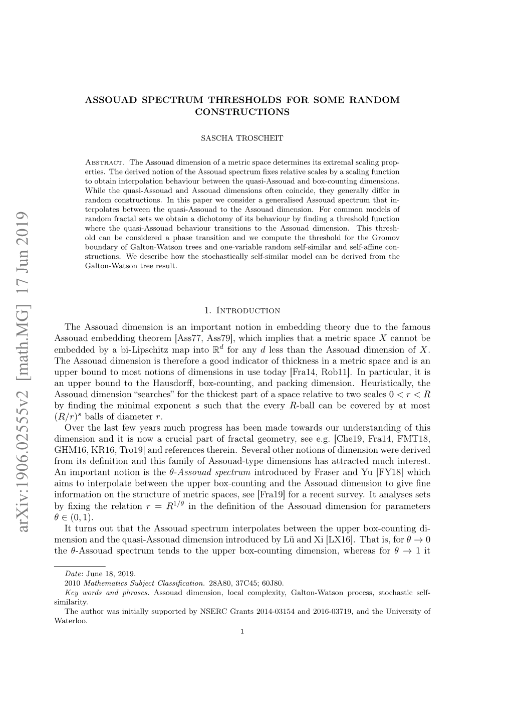 Assouad Spectrum Thresholds for Some Random Constructions