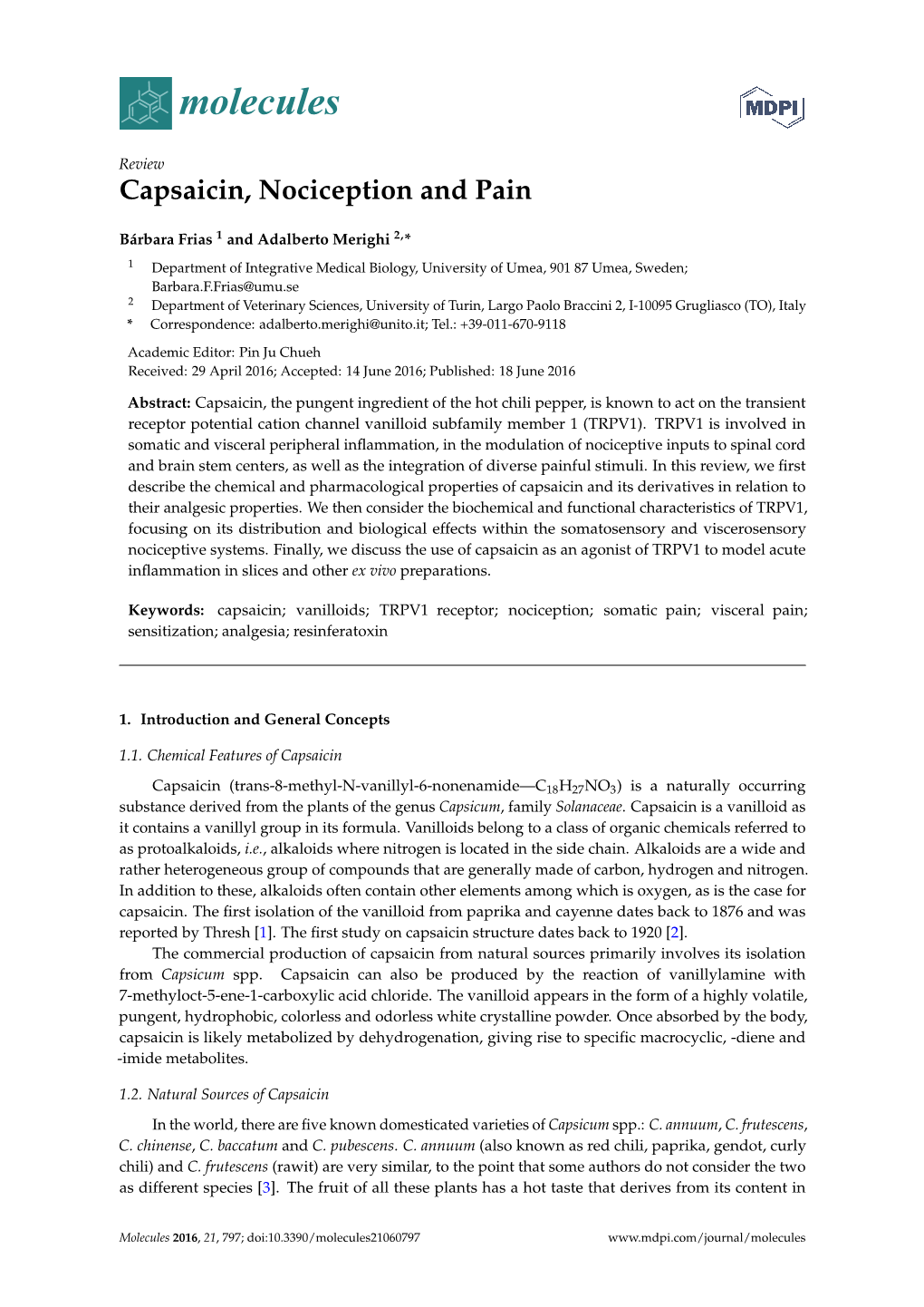 Capsaicin, Nociception and Pain