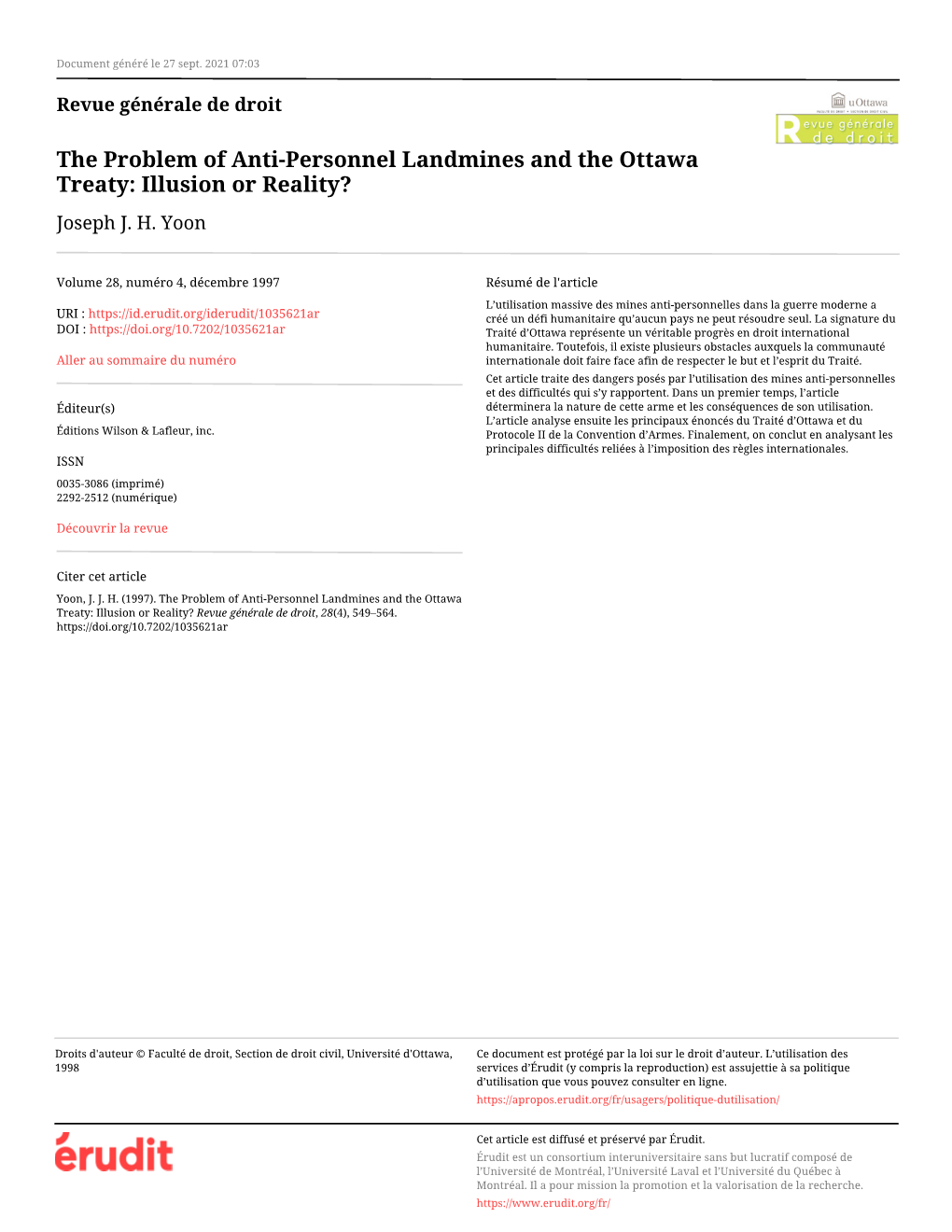 The Problem of Anti-Personnel Landmines and the Ottawa Treaty: Illusion Or Reality? Joseph J