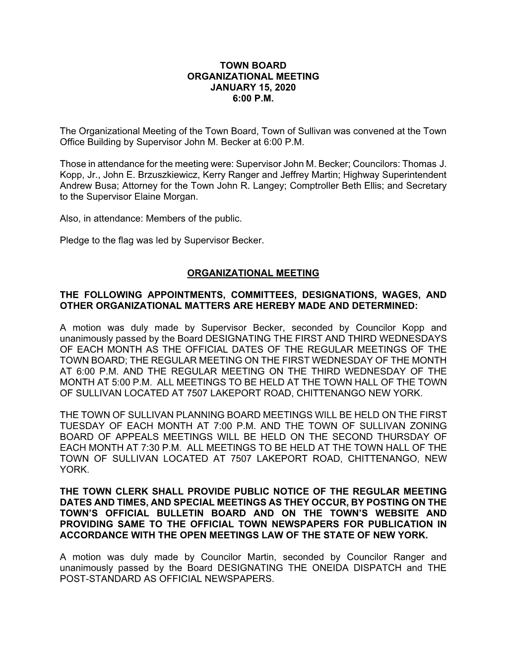 January 15, 2020 Town Board Minutes