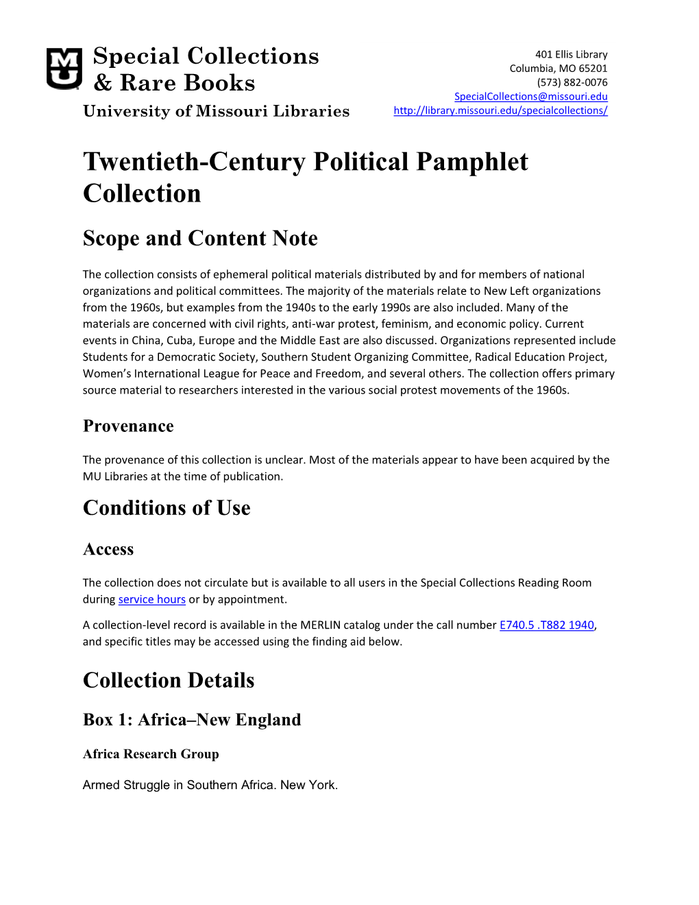 Twentieth-Century Political Pamphlet Collection Scope and Content Note