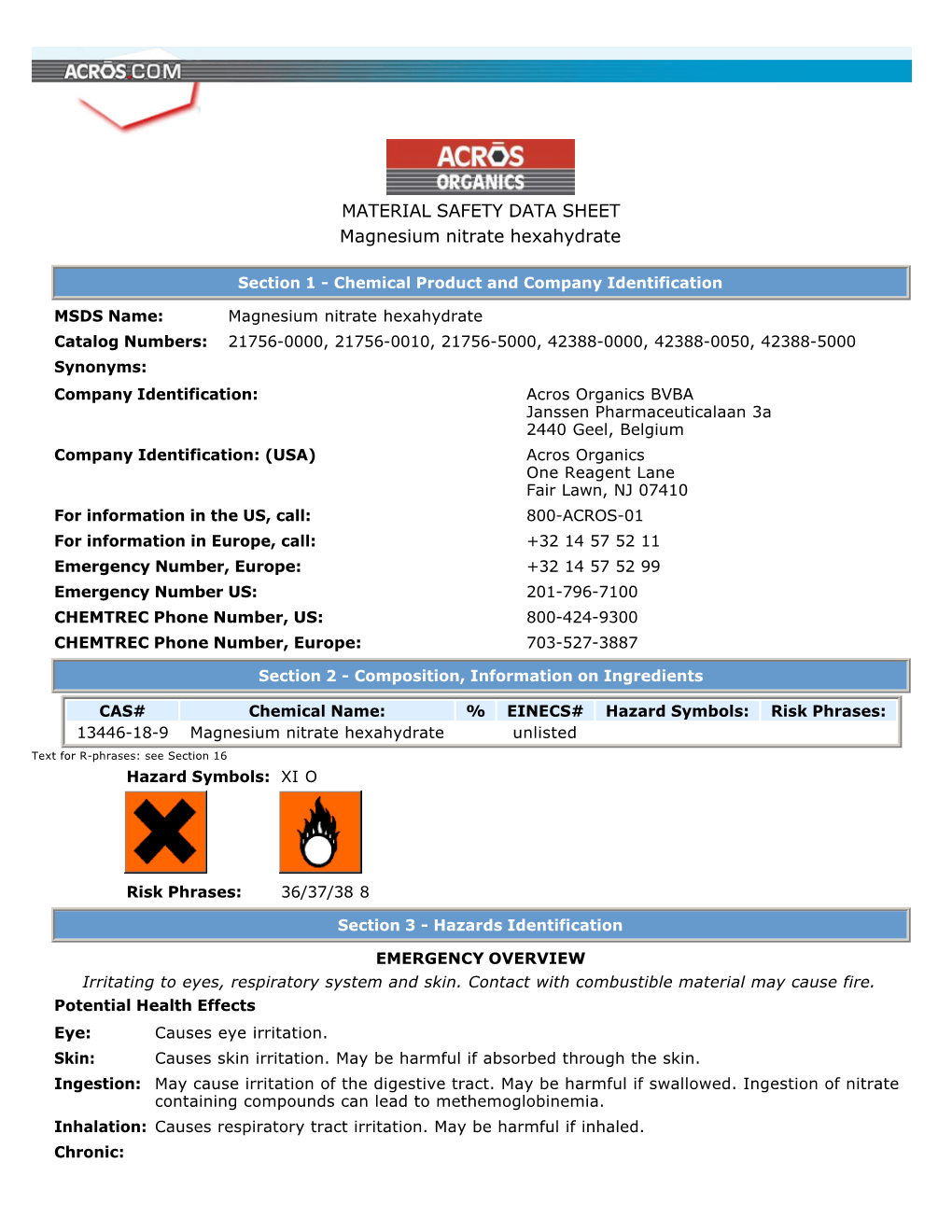 MATERIAL SAFETY DATA SHEET Magnesium Nitrate Hexahydrate