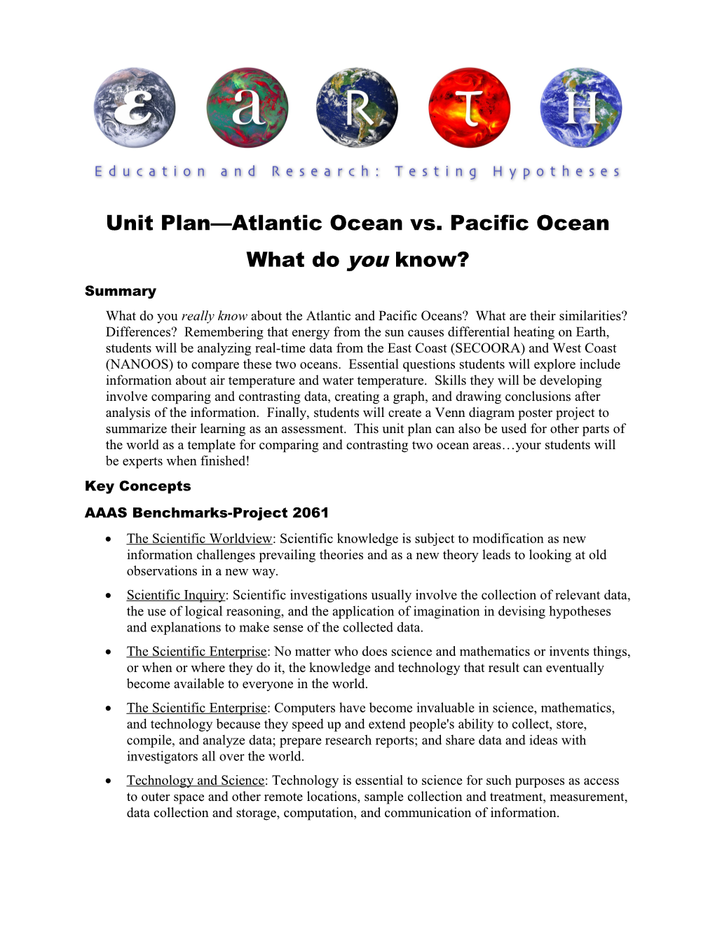 Unit Plan Atlantic Ocean Vs. Pacific Ocean