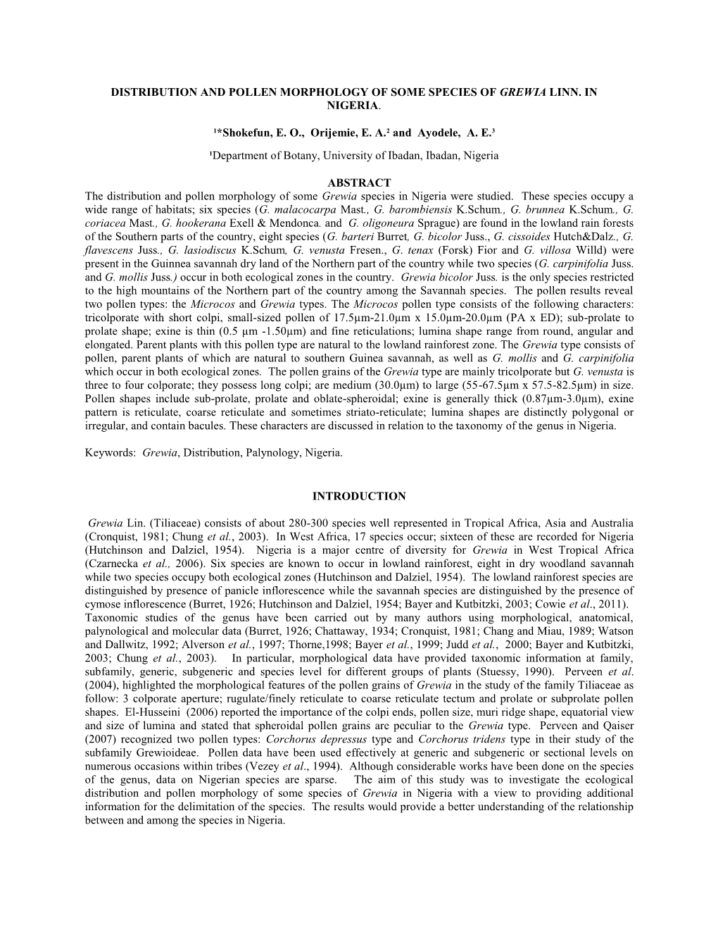 Distribution and Pollen Morphology of Some Species of Grewia Linn