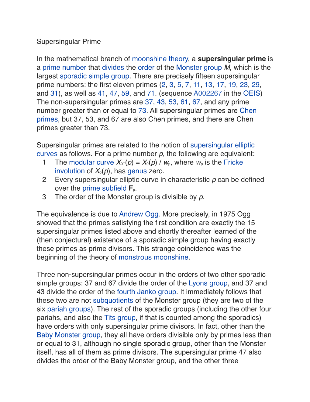 Supersingular Prime in the Mathematical Branch of Moonshine