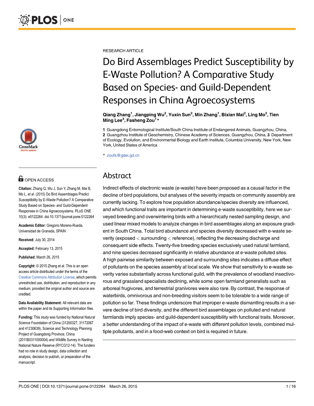 Do Bird Assemblages Predict Susceptibility by E-Waste Pollution? a Comparative Study Based on Species- and Guild-Dependent Responses in China Agroecosystems