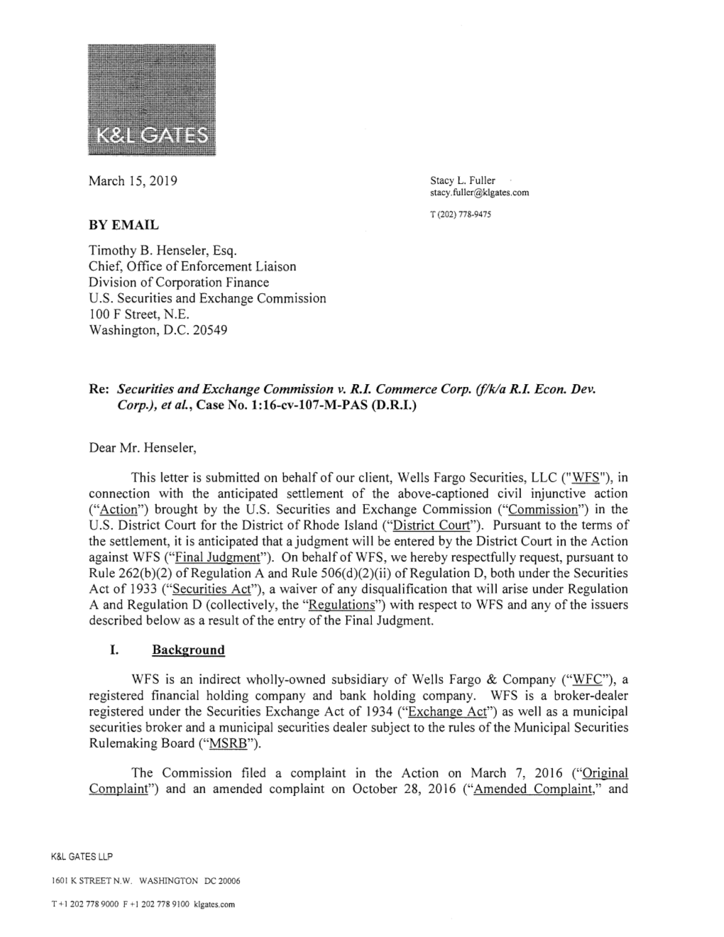 Incoming Letter: Wells Fargo Securities
