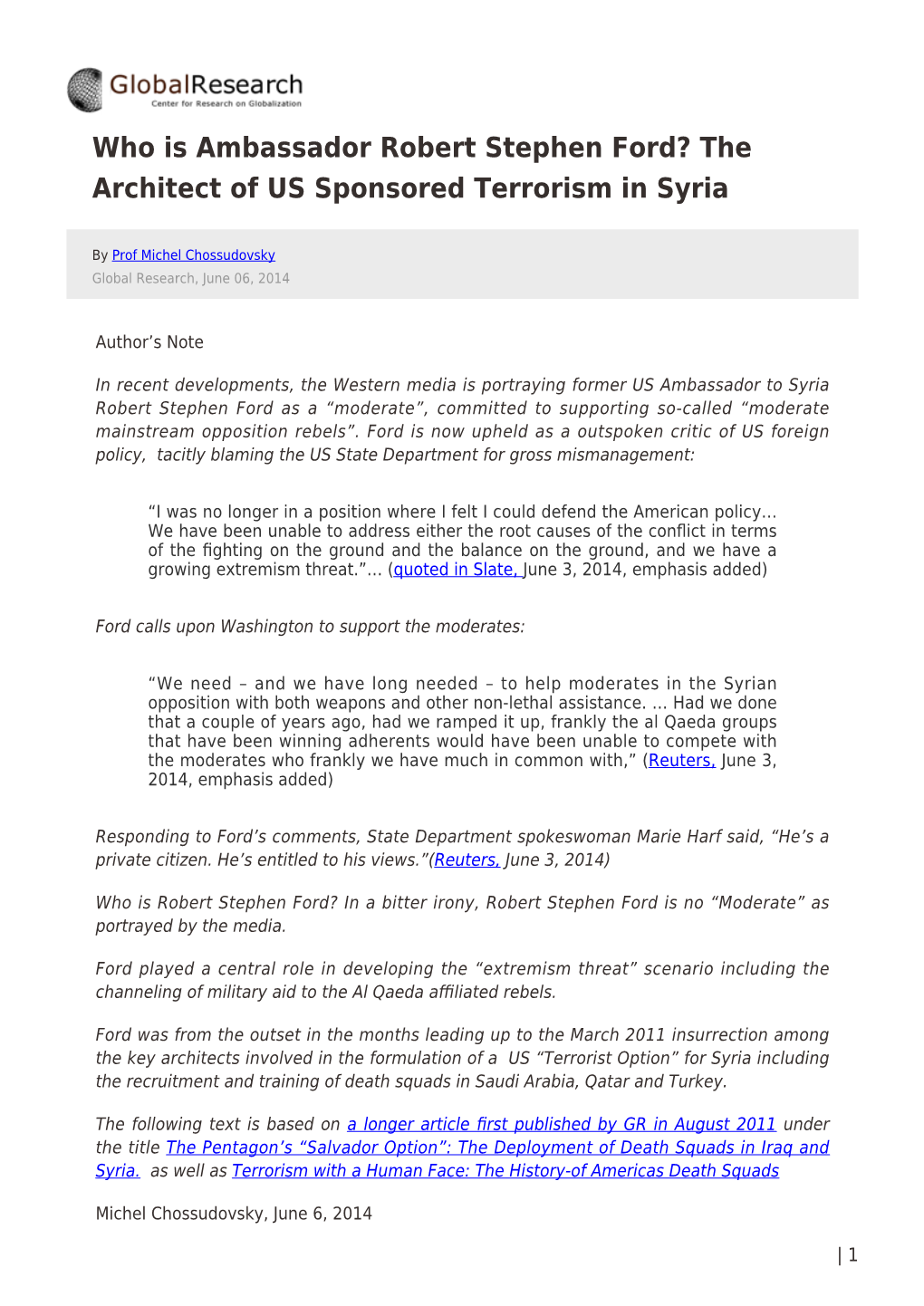 Who Is Ambassador Robert Stephen Ford? the Architect of US Sponsored Terrorism in Syria