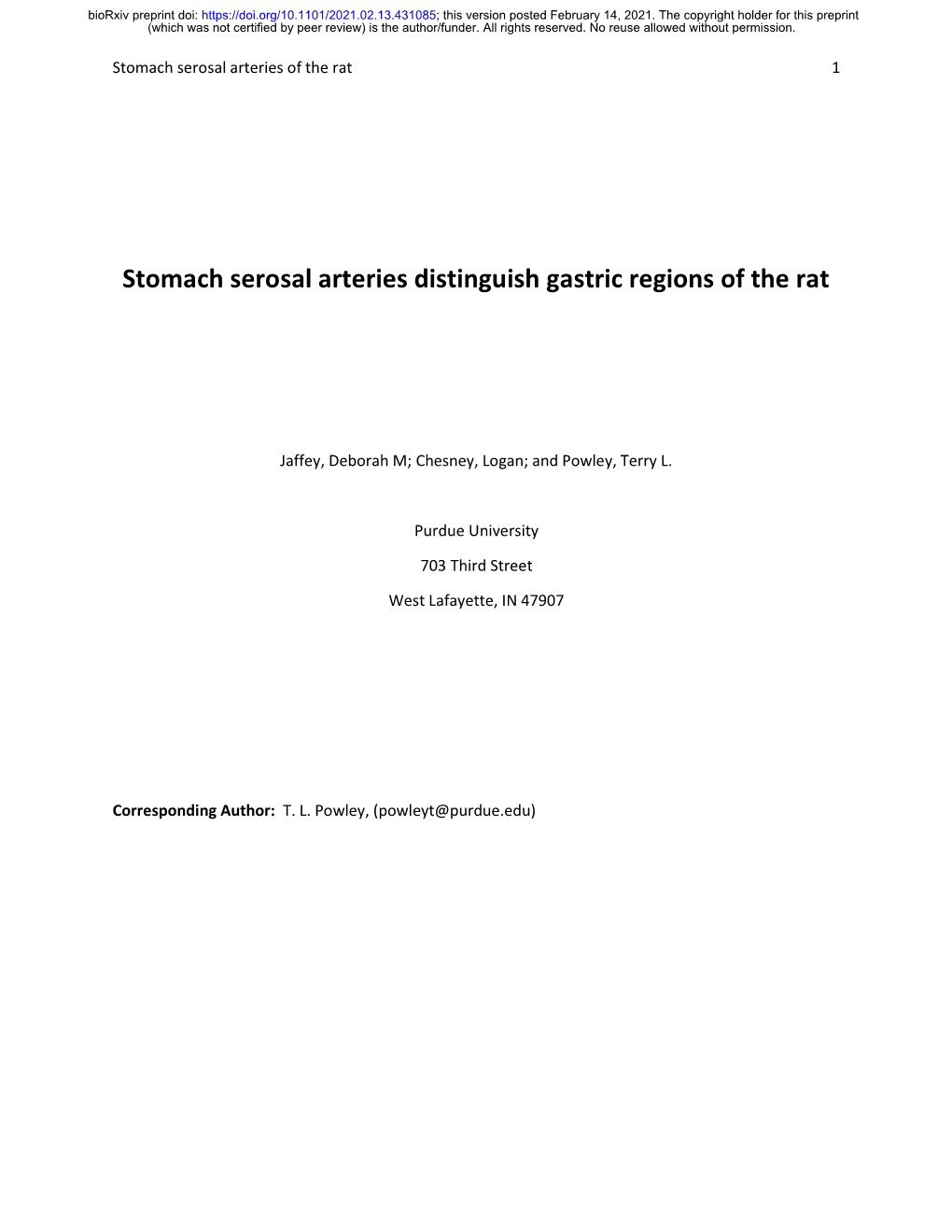 Stomach Serosal Arteries Distinguish Gastric Regions of the Rat