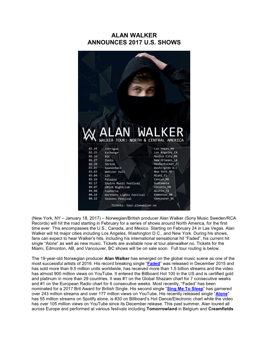 Alan Walker Announces 2017 U.S. Shows