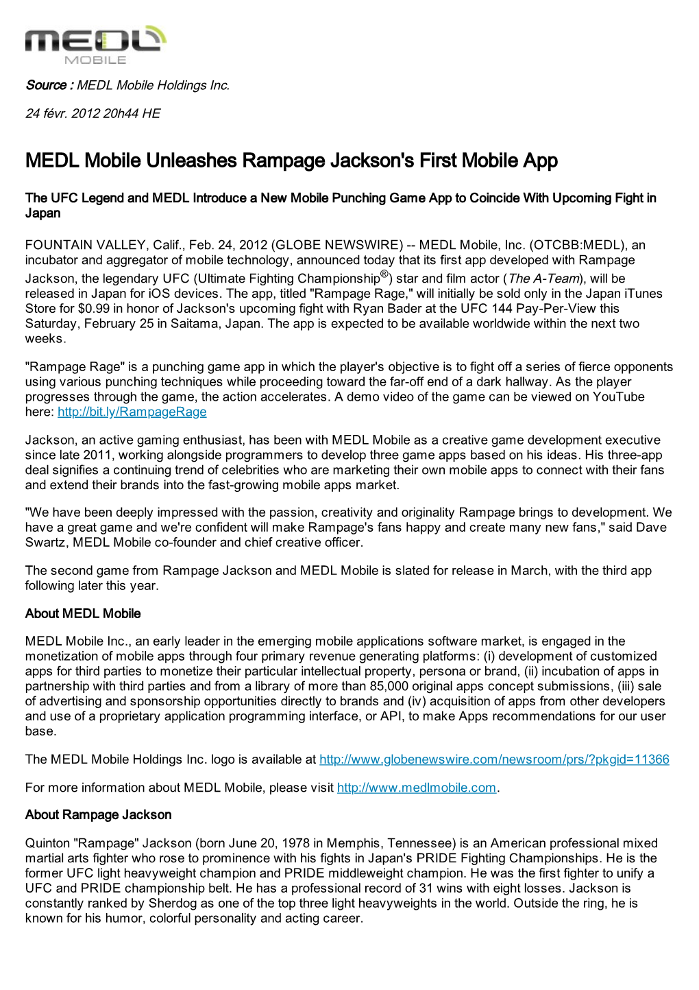 MEDL Mobile Unleashes Rampage Jackson's First Mobile App