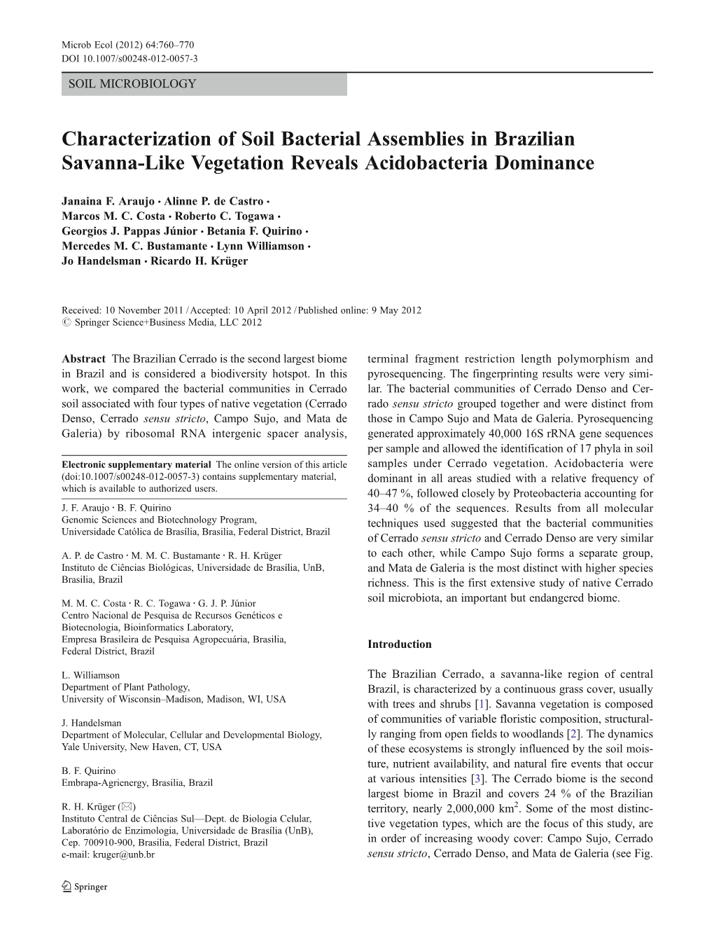 Characterization of Soil Bacterial Assemblies in Brazilian Savanna-Like Vegetation Reveals Acidobacteria Dominance