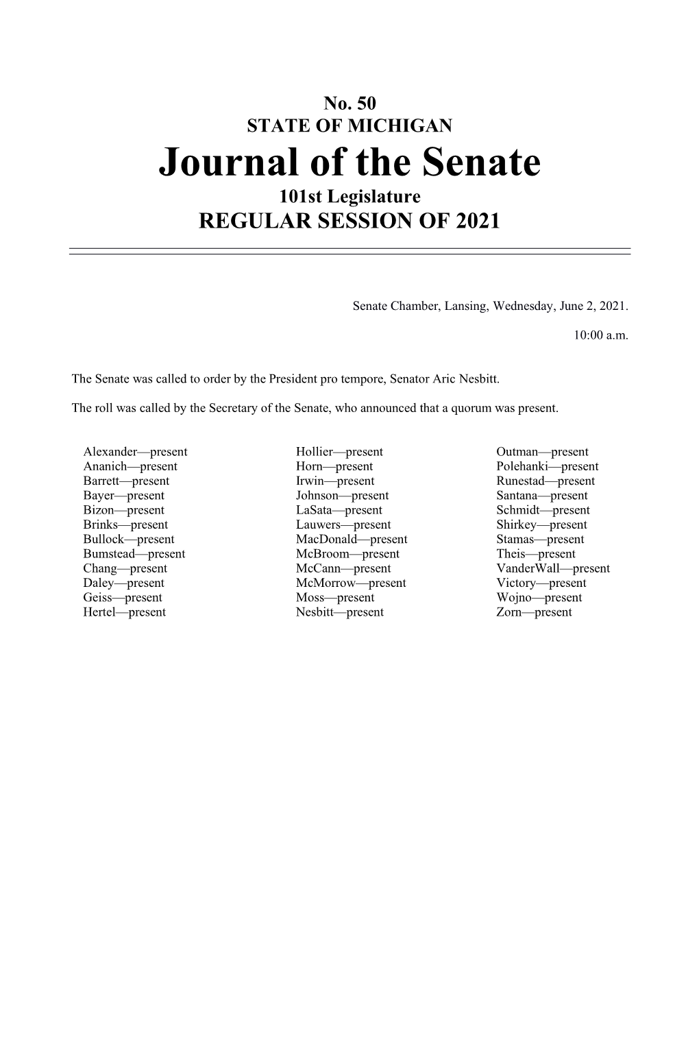Journal of the Senate 101St Legislature REGULAR SESSION of 2021