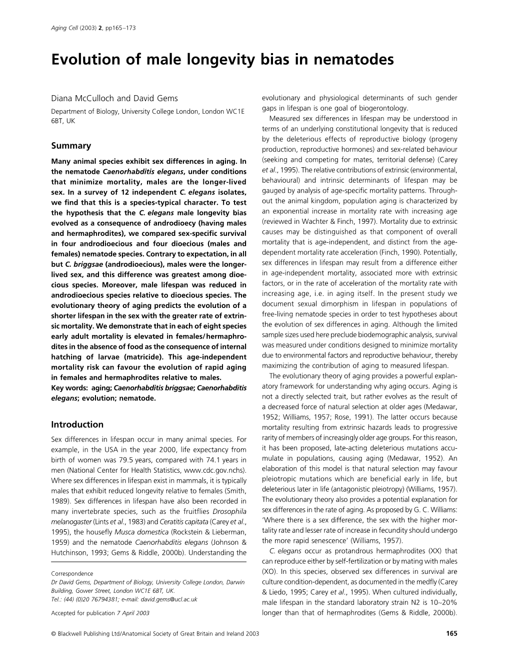 Evolution of Male Longevity Bias in Nematodes