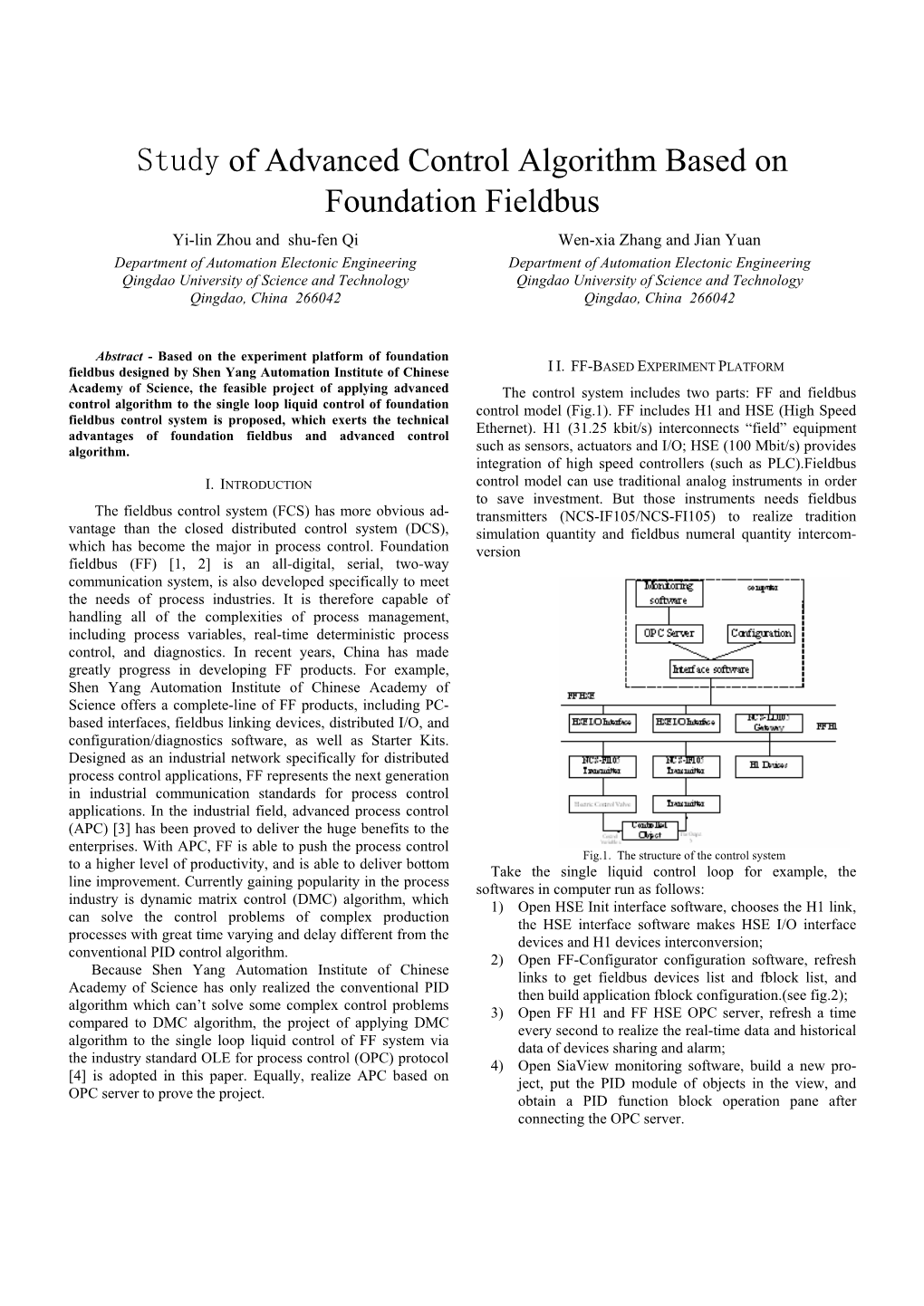 Study of Advanced Control Algorithm Based on Foundation Fieldbus