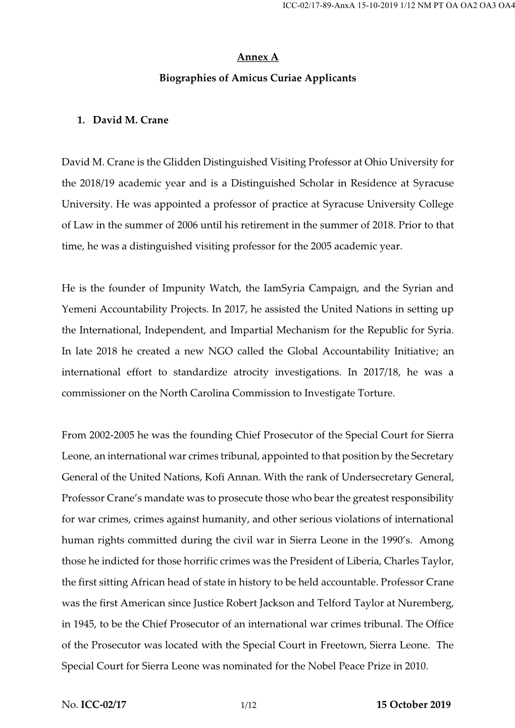 No. ICC-02/17 15 October 2019 Annex a Biographies of Amicus