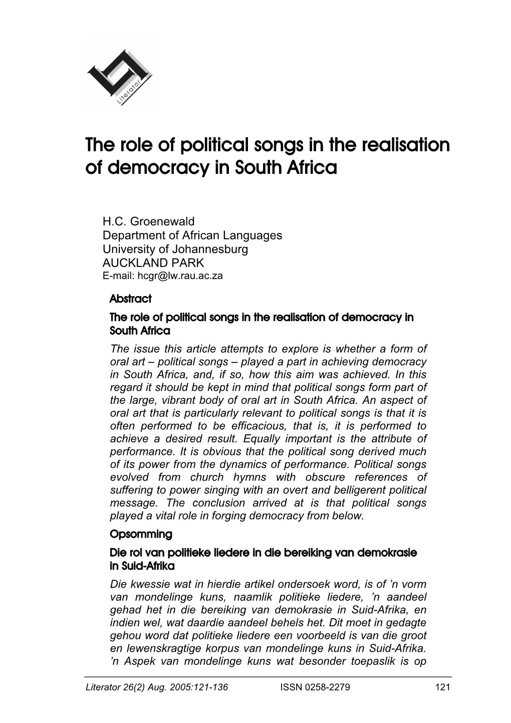 The Role of Political Songs in the Realisation of Democracy in South Africa