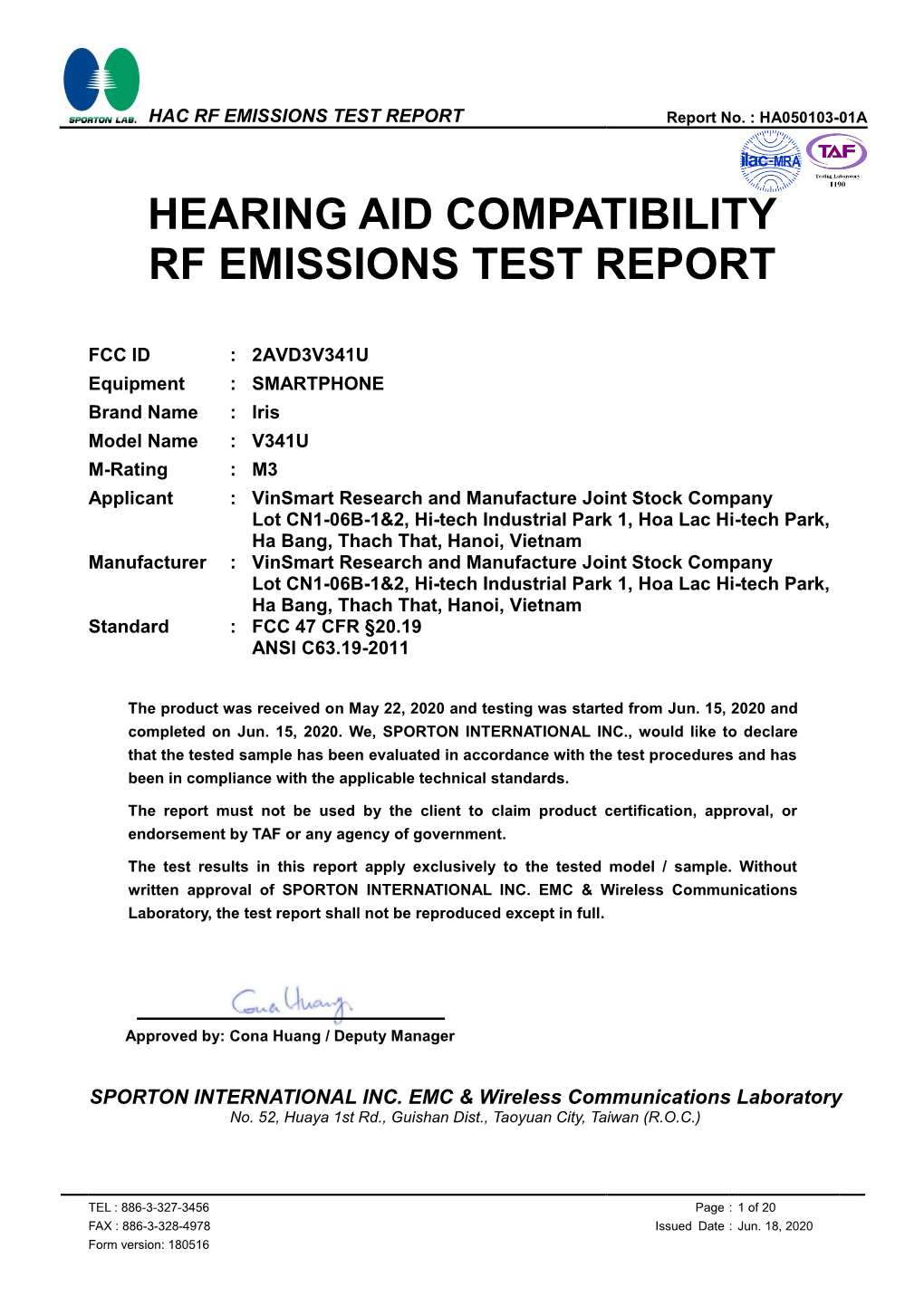 Hearing Aid Compatibility Rf Emissions Test Report
