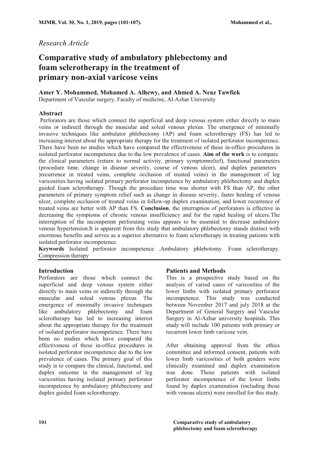 Comparative Study of Ambulatory Phlebectomy and Foam Sclerotherapy in the Treatment of Primary Non-Axial Varicose Veins