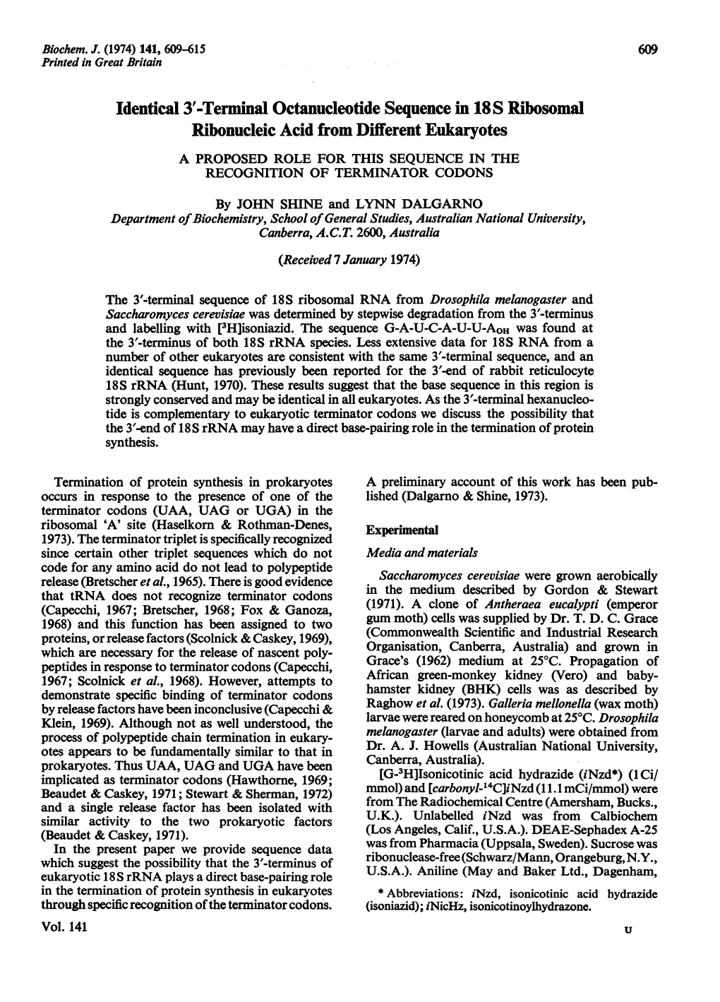 Terminal Octanucleotide Sequence in 18S Ribosomal