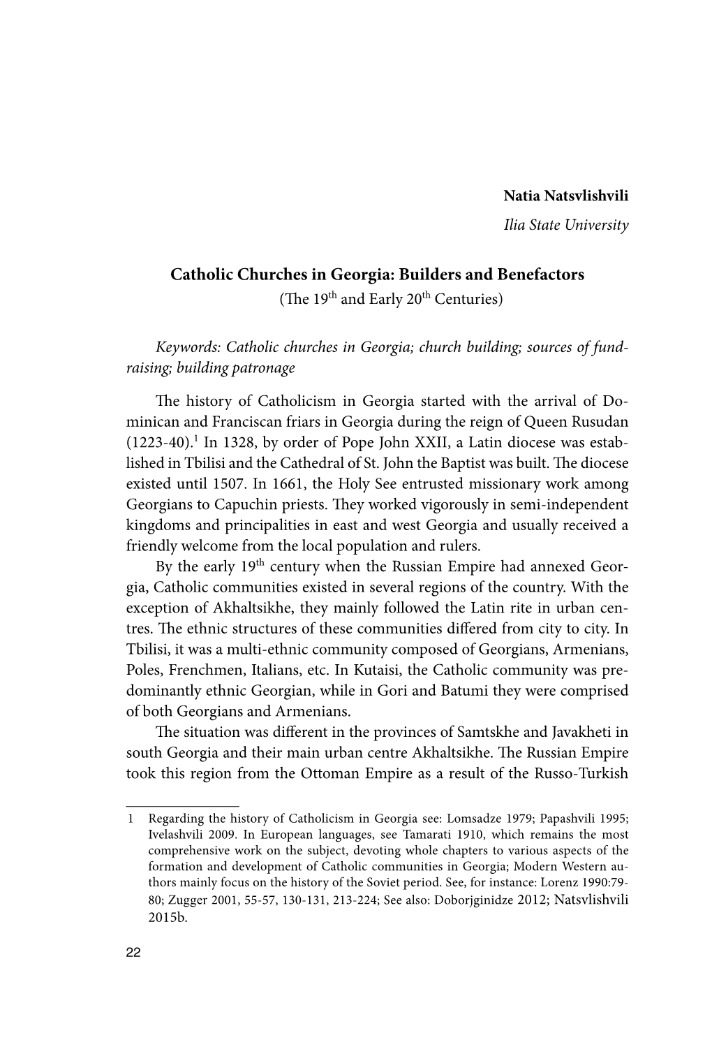 Catholic Churches in Georgia: Builders and Benefactors (The 19Th and Early 20Th Centuries)