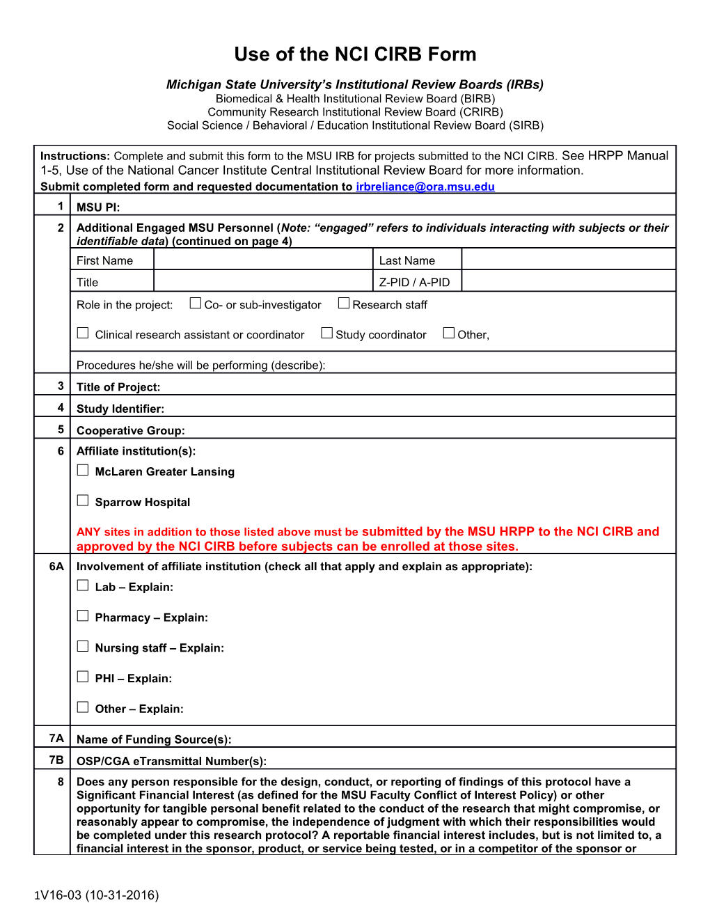 Use of the NCI CIRB Form