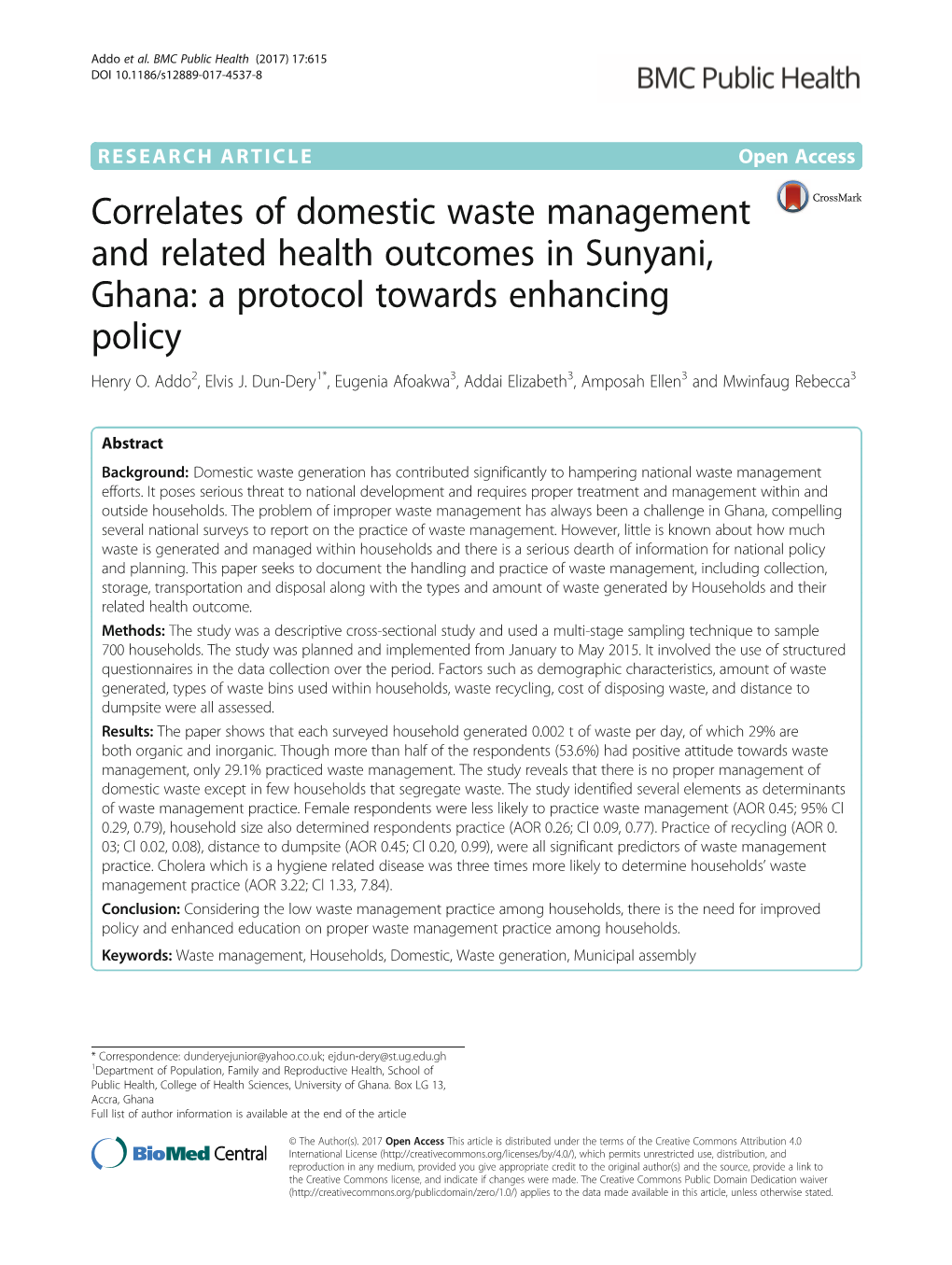 Correlates of Domestic Waste Management and Related Health Outcomes in Sunyani, Ghana: a Protocol Towards Enhancing Policy Henry O