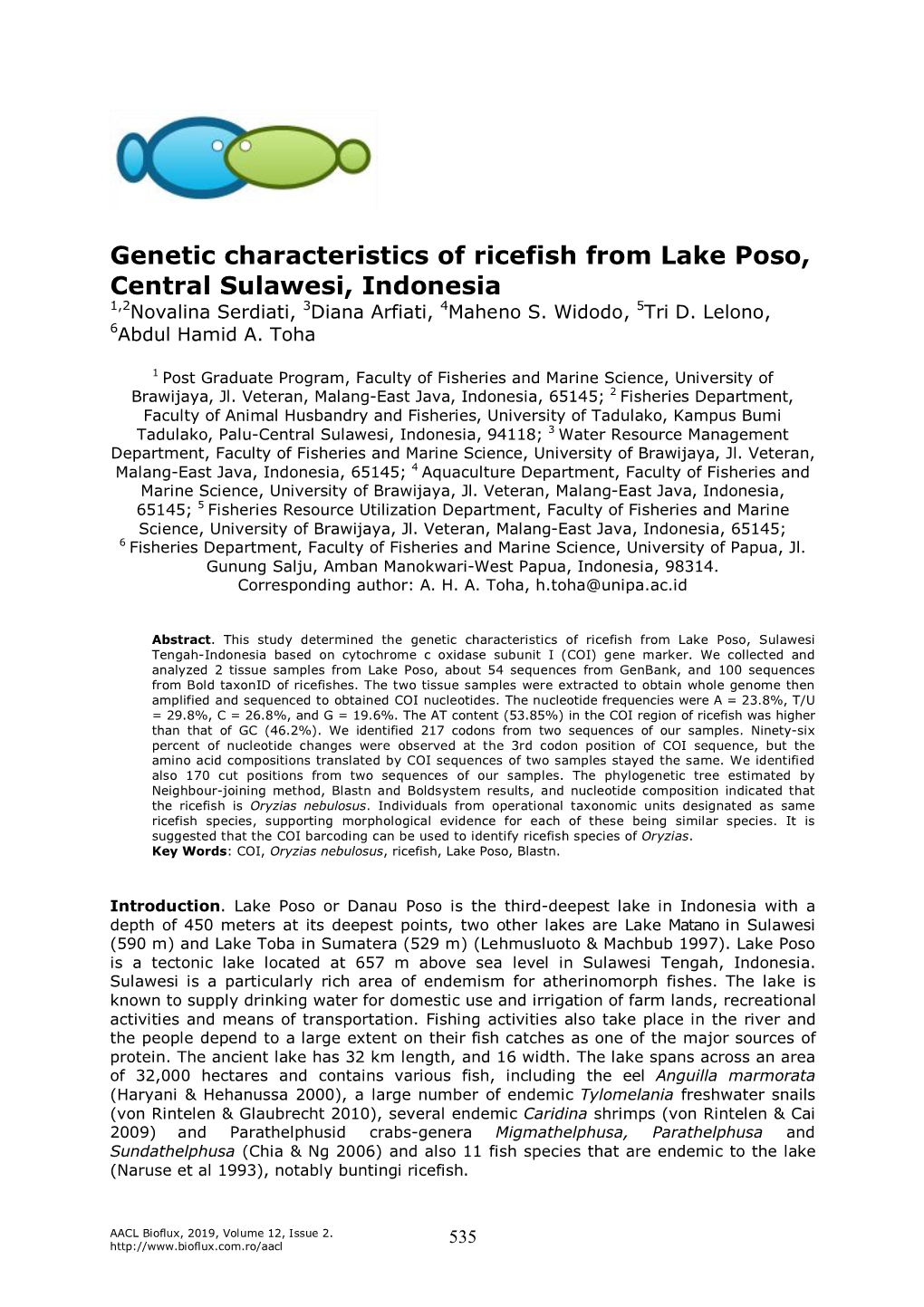 Genetic Characteristics of Ricefish from Lake Poso, Central Sulawesi, Indonesia 1,2Novalina Serdiati, 3Diana Arfiati, 4Maheno S