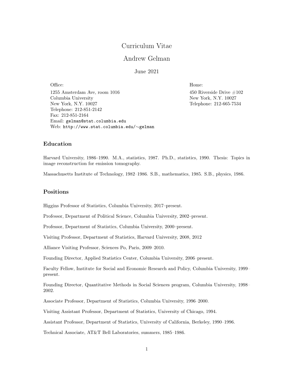 Curriculum Vitae Andrew Gelman