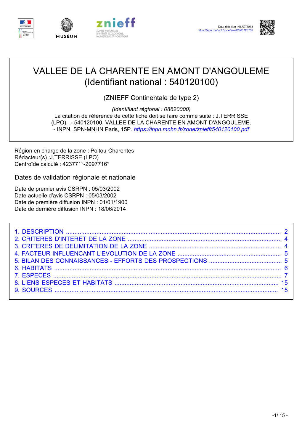VALLEE DE LA CHARENTE EN AMONT D'angouleme (Identifiant National : 540120100)