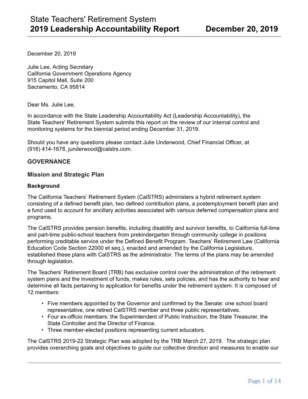 State Teachers' Retirement System 2019 Leadership Accountability Report December 20, 2019