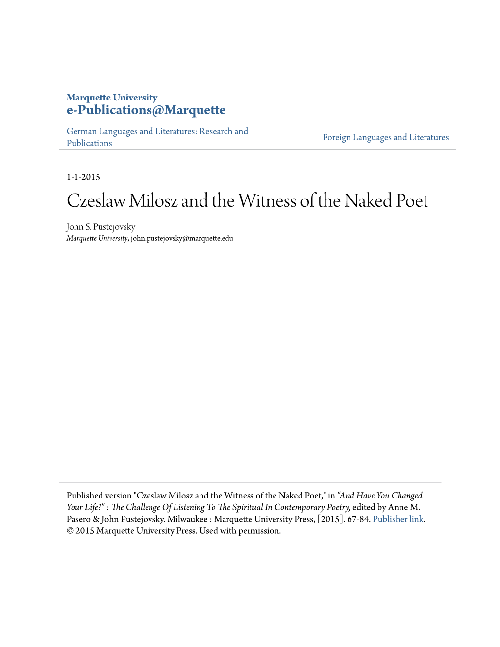 Czeslaw Milosz and the Witness of the Naked Poet John S