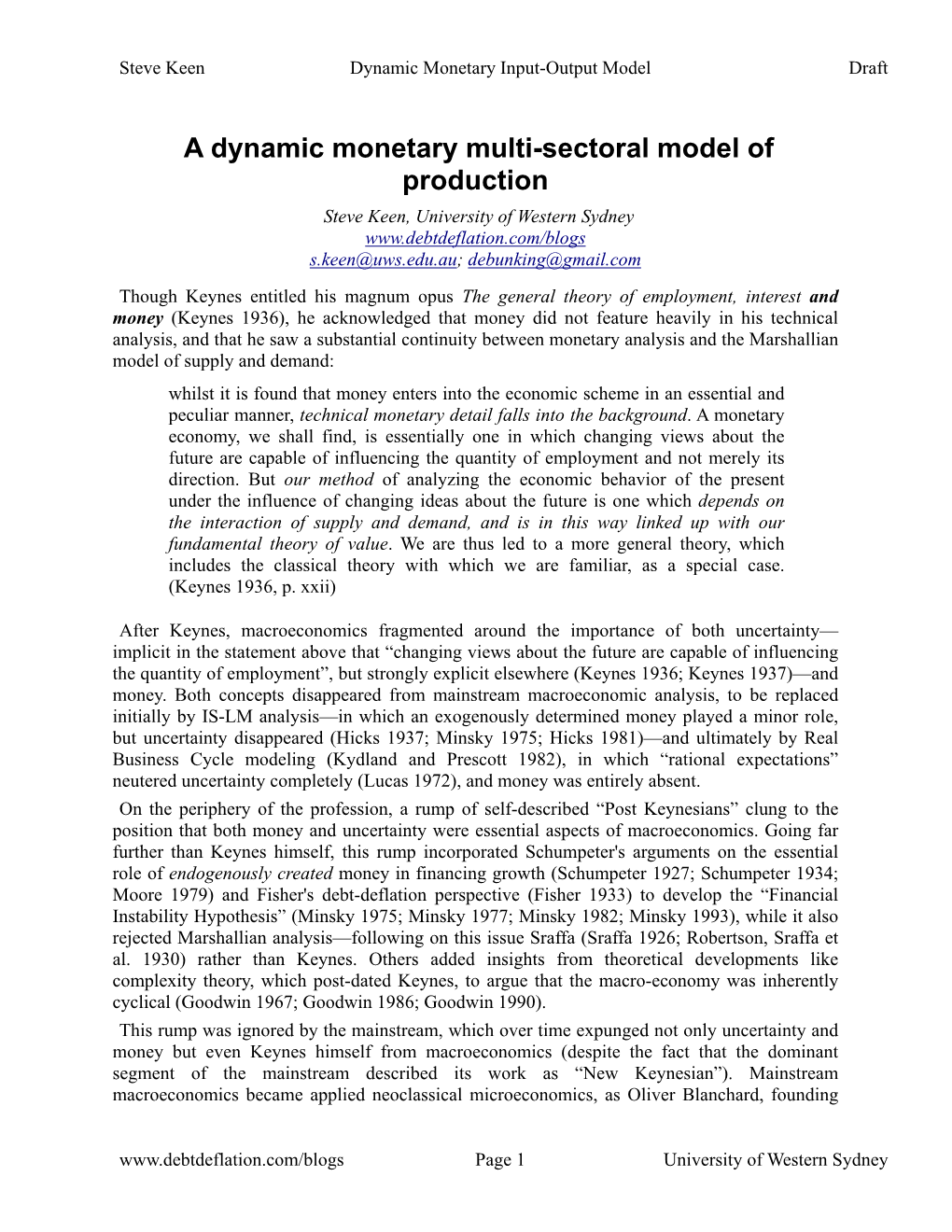 A Dynamic Monetary Multi-Sectoral Model of Production