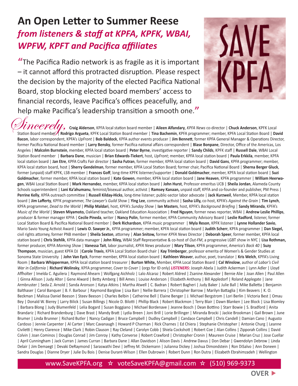 An Open Letter to Summer Reese from Listeners & Staff at KPFA, KPFK, WBAI, WPFW, KPFT and Pacifica Affiliates