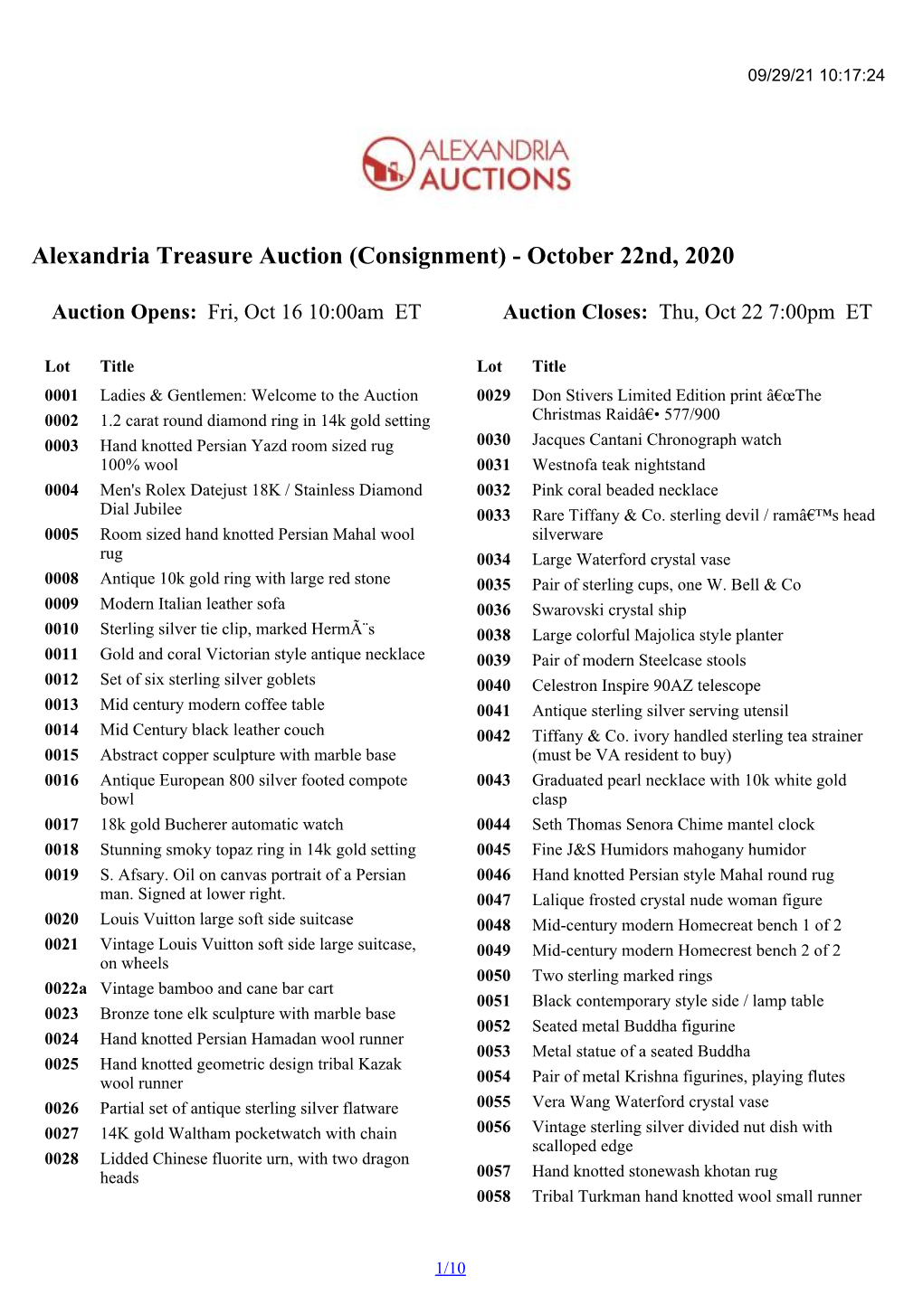 Alexandria Treasure Auction (Consignment) - October 22Nd, 2020