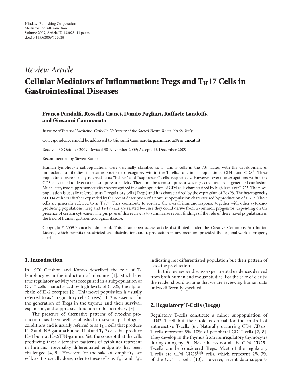 Cellular Mediators of Inflammation: Tregs and Cells in Gastrointestinal