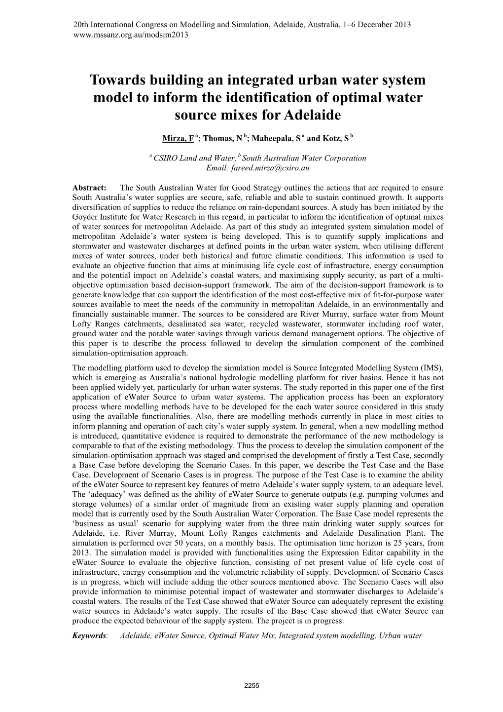 Towards Building an Integrated Urban Water System Model to Inform the Identification of Optimal Water Source Mixes for Adelaide