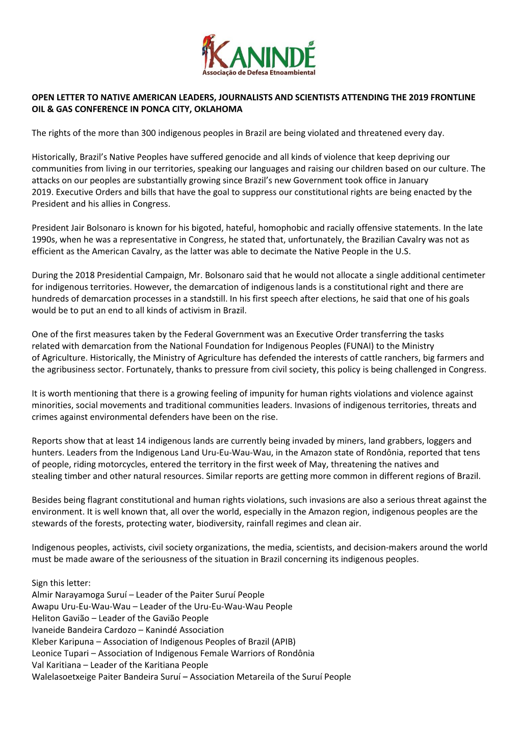 Open Letter to Native American Leaders, Journalists and Scientists Attending the 2019 Frontline Oil & Gas Conference in Ponca City, Oklahoma
