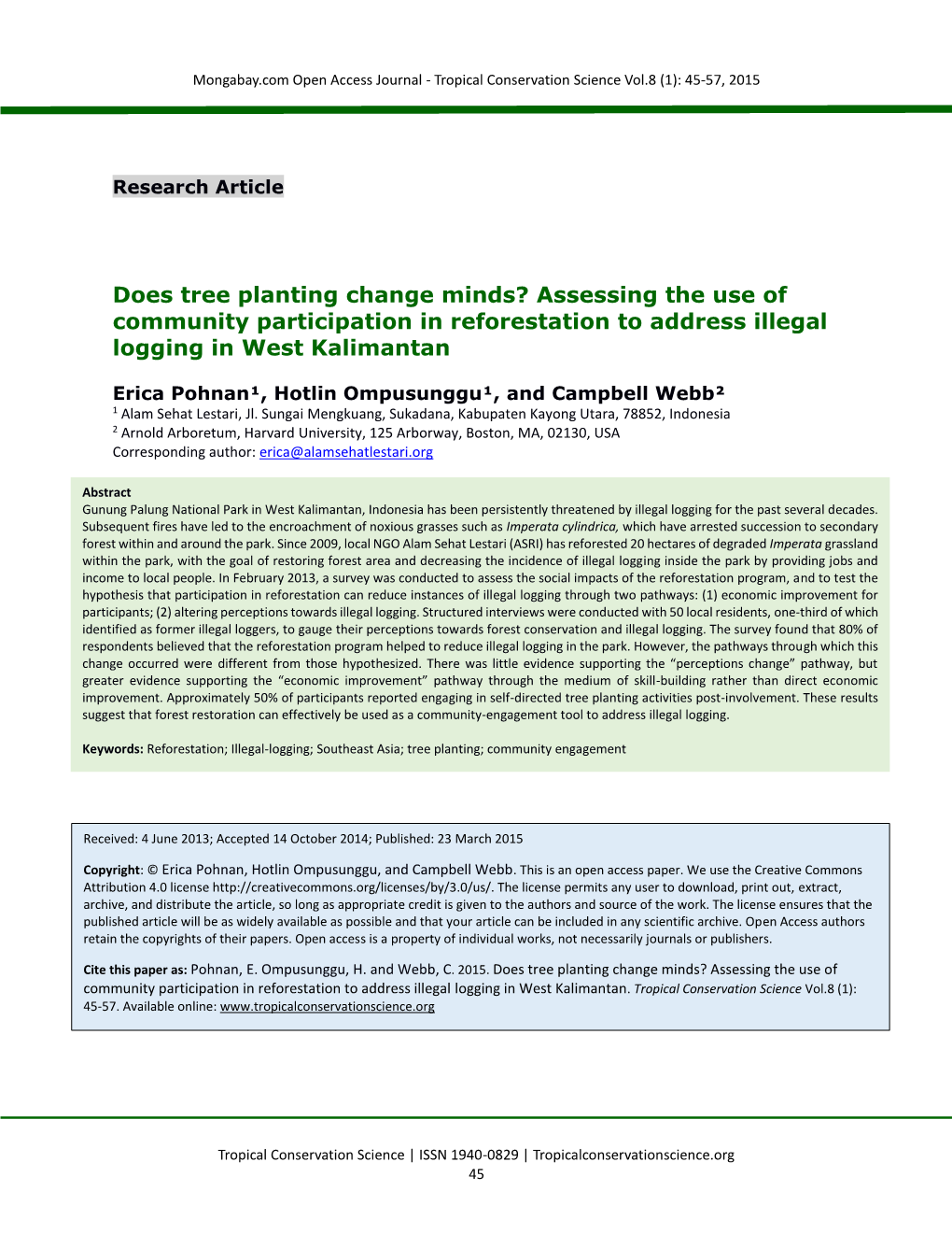 Does Tree Planting Change Minds? Assessing the Use of Community Participation in Reforestation to Address Illegal Logging in West Kalimantan