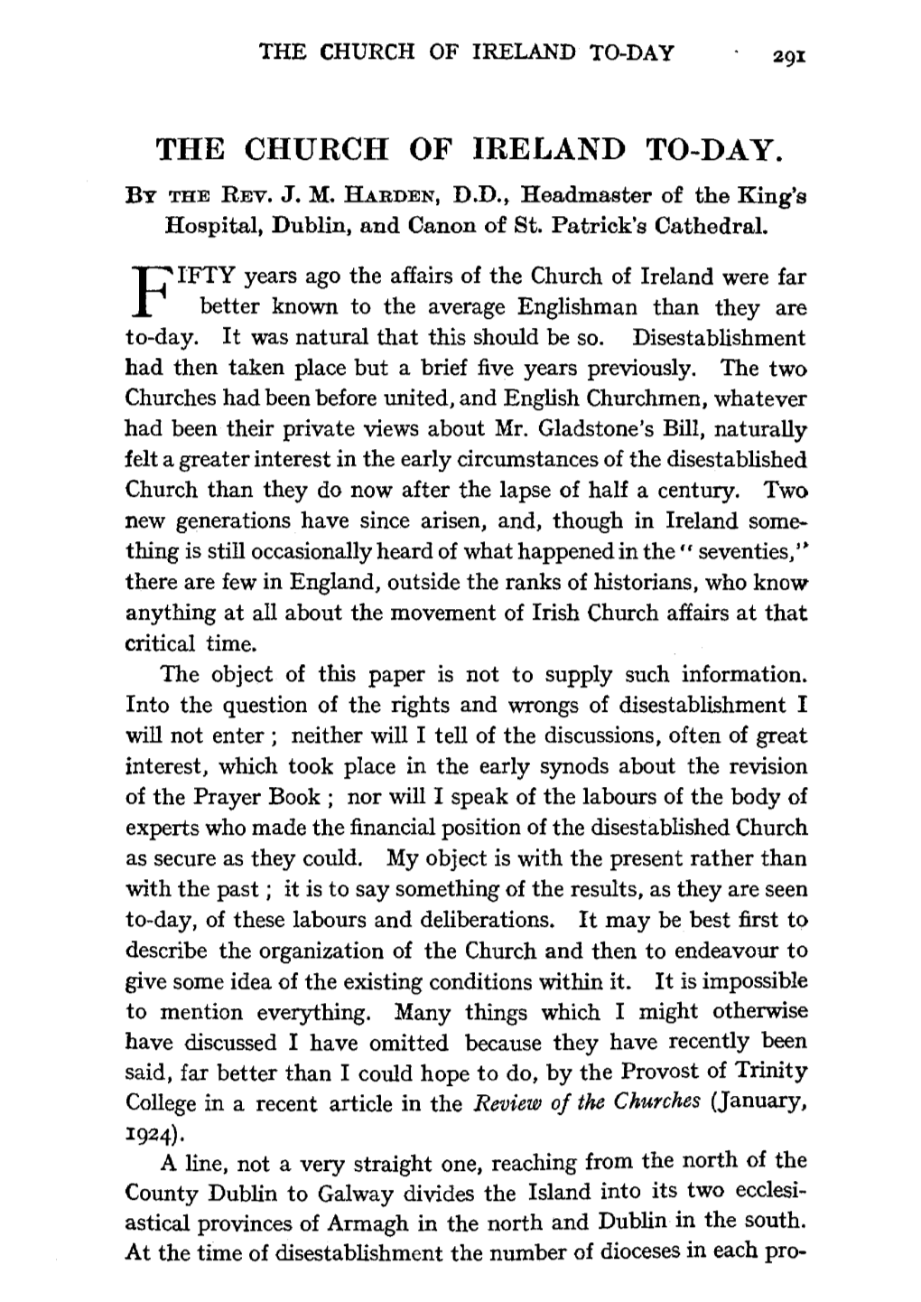 The Church of Ireland To-Day. by the Rev, J