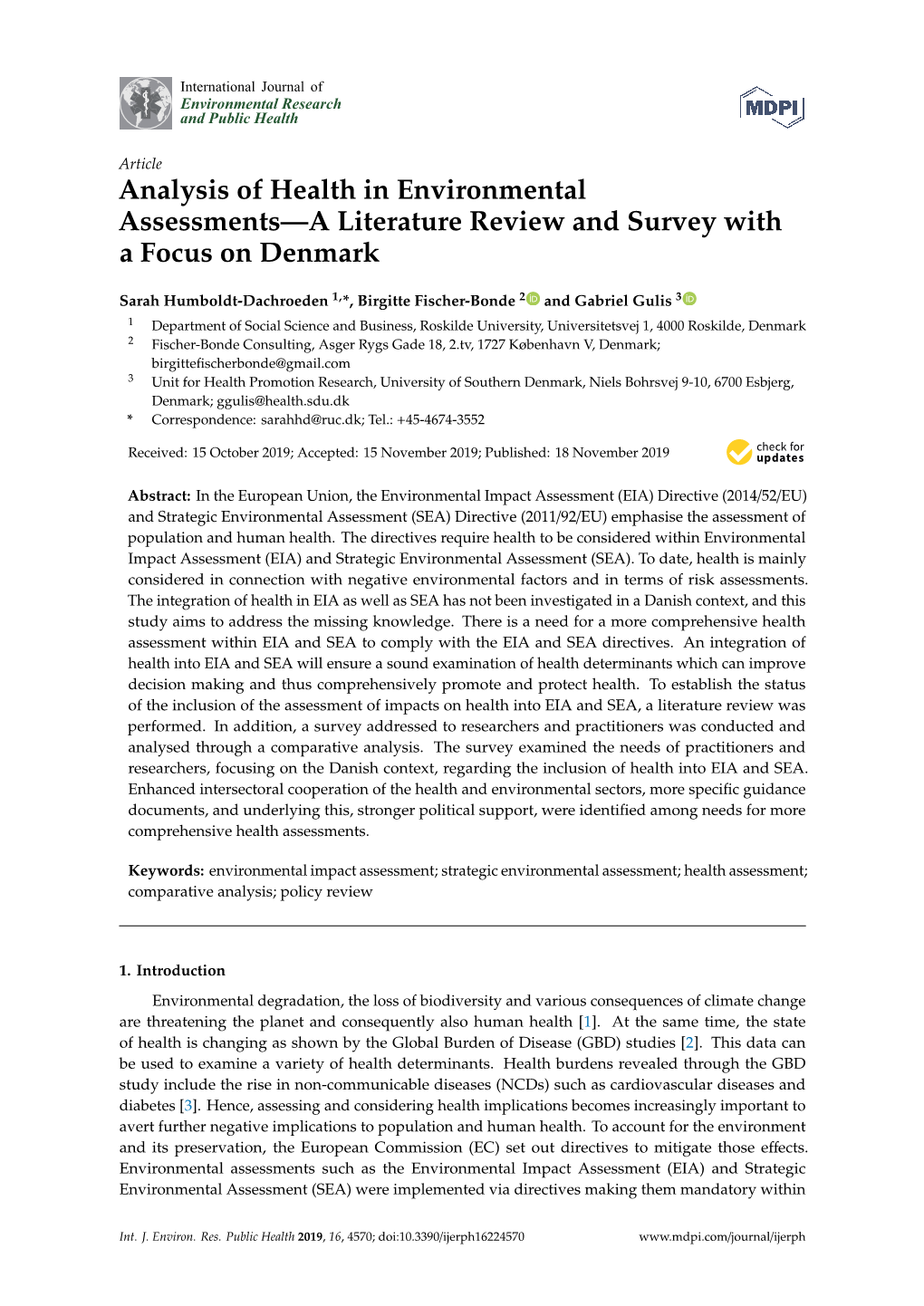 Analysis of Health in Environmental Assessments—A Literature Review and Survey with a Focus on Denmark