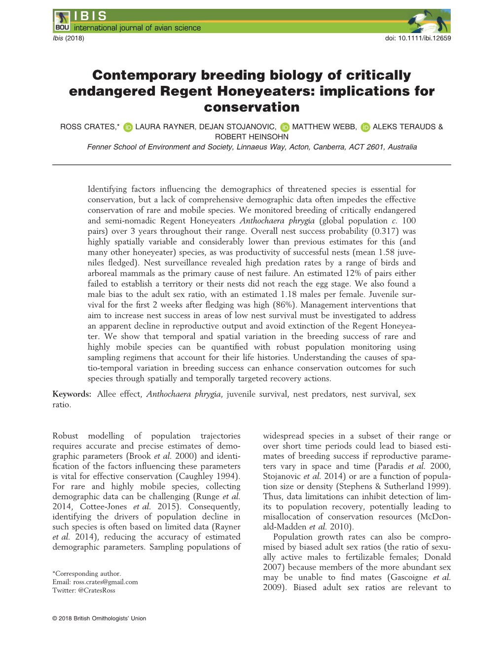 Contemporary Breeding Biology of Critically Endangered Regent Honeyeaters: Implications for Conservation