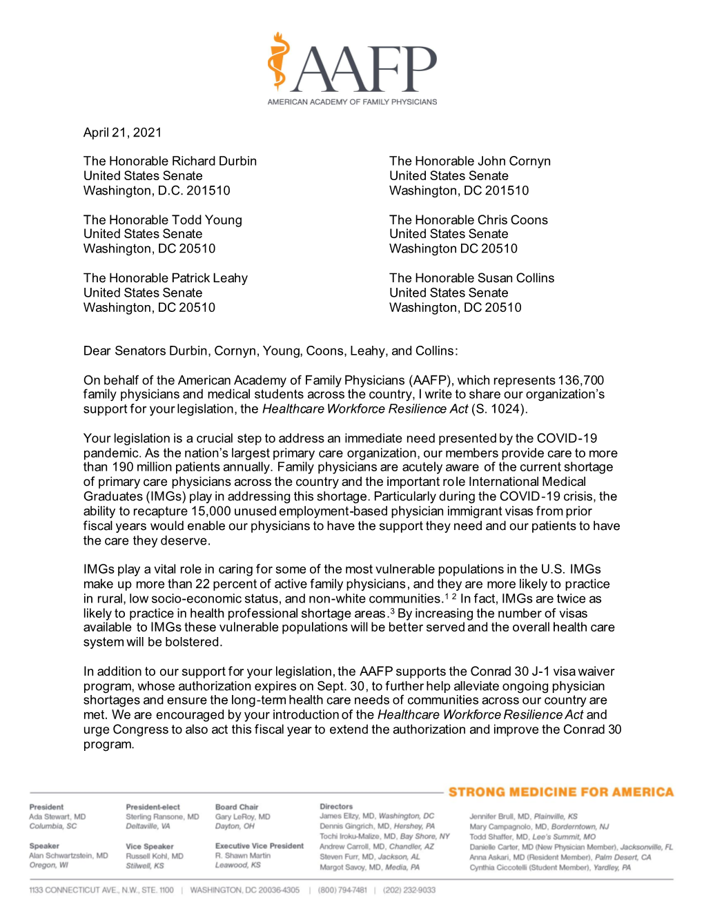 AAFP Letter to the Senate in Support of the Healthcare Workforce