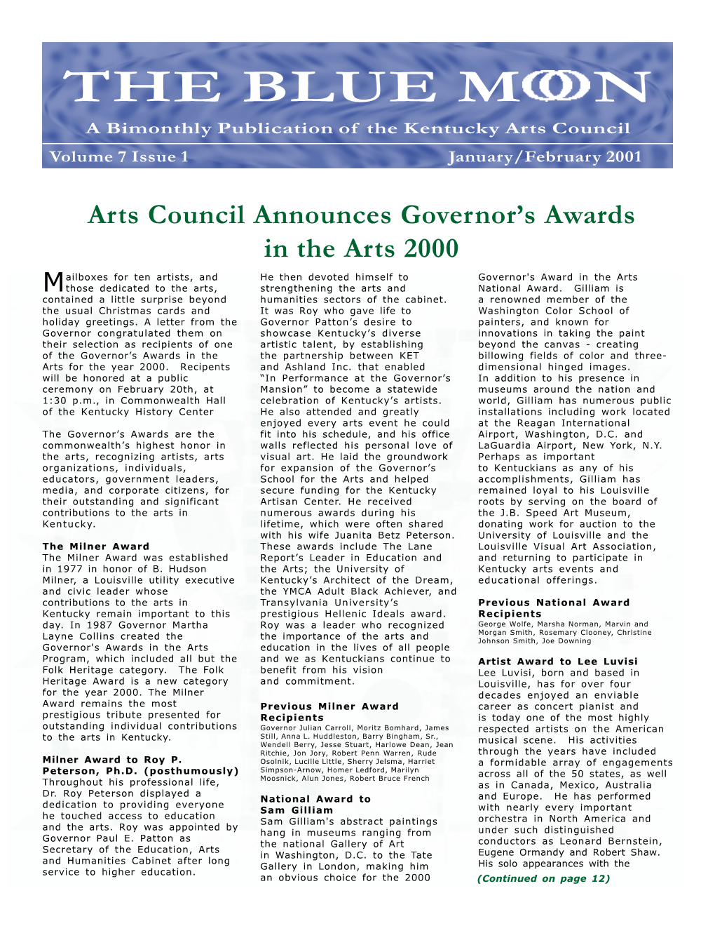 Arts Council Announces Governor's Awards in the Arts 2000