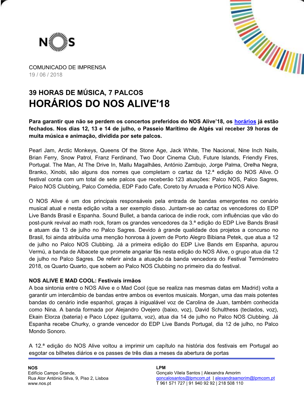 Horários Do Nos Alive'18