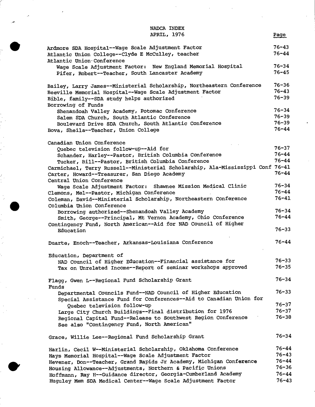 NADCA INDEX APRIL, 1976 Ardmore SDA Hospital