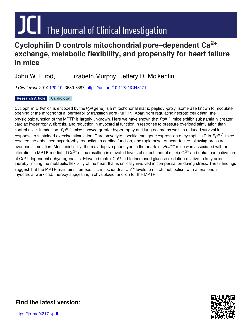 Cyclophilin D Controls Mitochondrial Pore–Dependent Ca Exchange