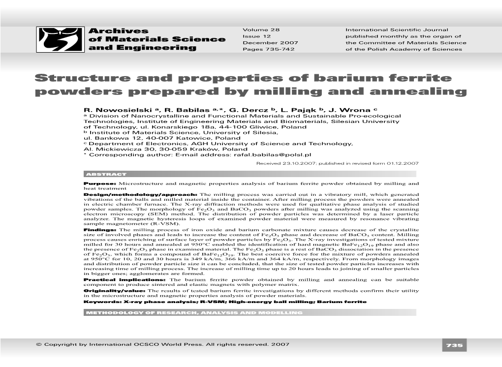 Structure and Properties of Barium Ferrite Powders Prepared by Milling and Annealing