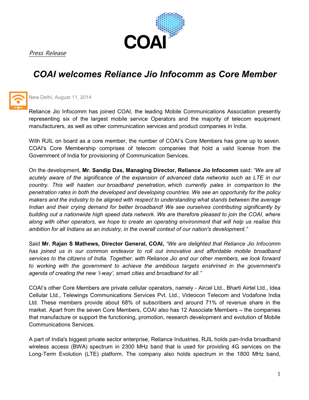 COAI Welcomes Reliance Jio Infocomm As Core Member